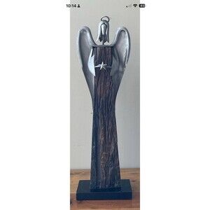 Rustic Brown Wooden and Silver Metal Angel Statue/Figurine 22” Tall